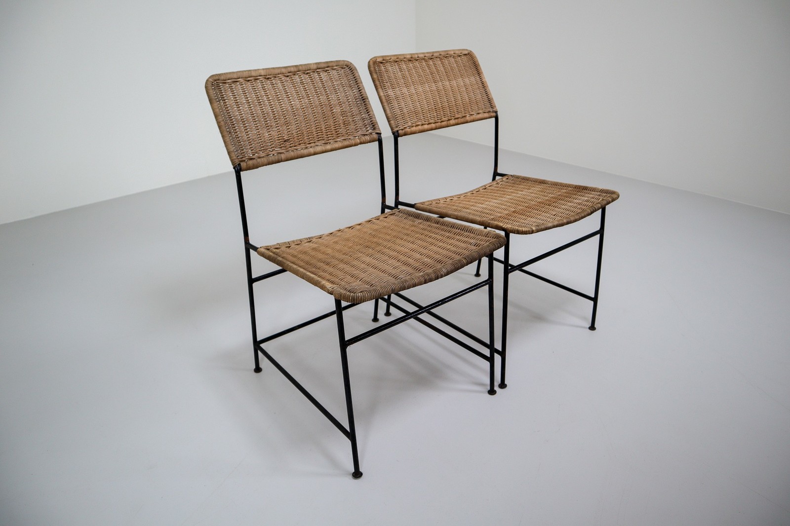 Two Patinated Metal Framed Martin Visser Chairs with Woven Wicker Seat, 1950s