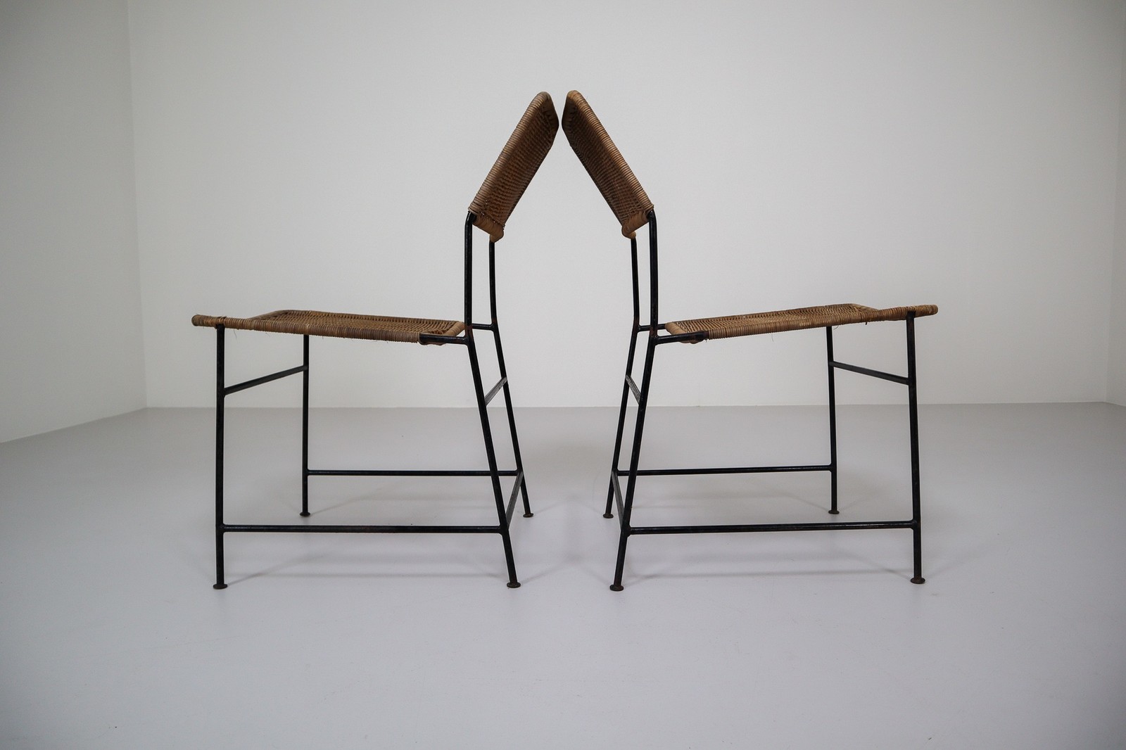 Two Patinated Metal Framed Martin Visser Chairs with Woven Wicker Seat, 1950s