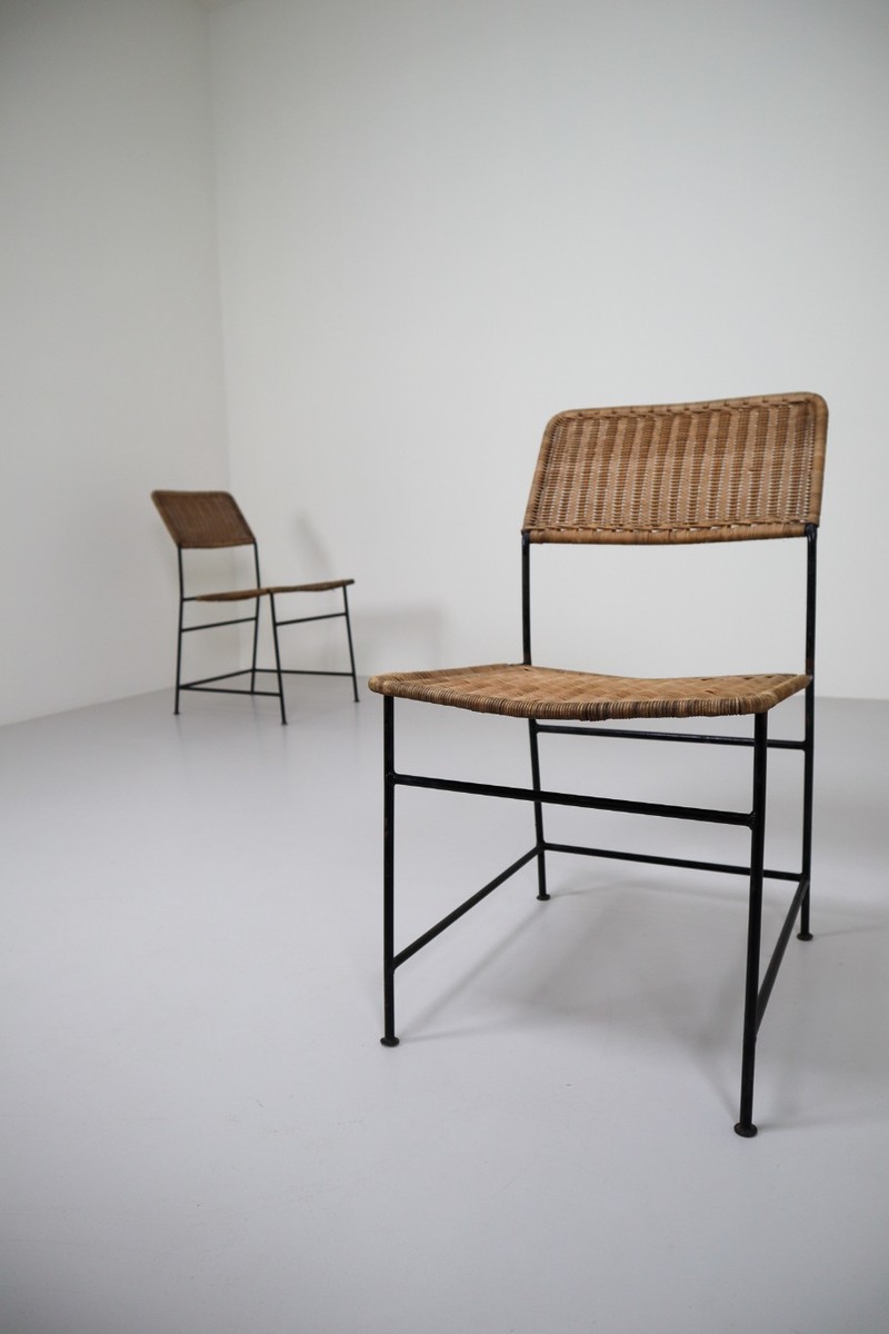 Two Patinated Metal Framed Martin Visser Chairs with Woven Wicker Seat, 1950s
