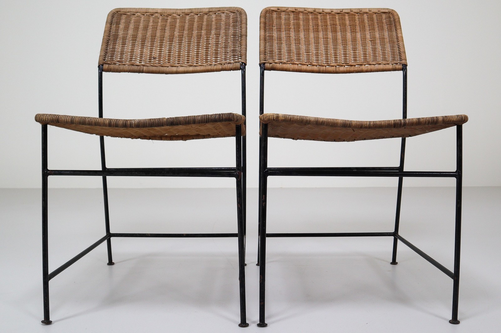 Two Patinated Metal Framed Martin Visser Chairs with Woven Wicker Seat, 1950s