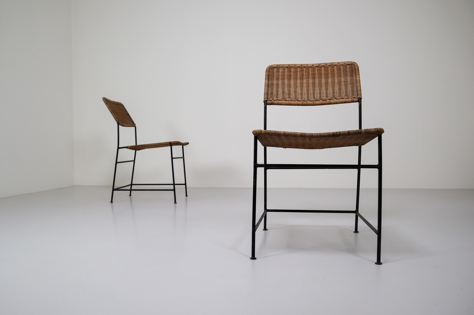 Two Patinated Metal Framed Martin Visser Chairs with Woven Wicker Seat, 1950s