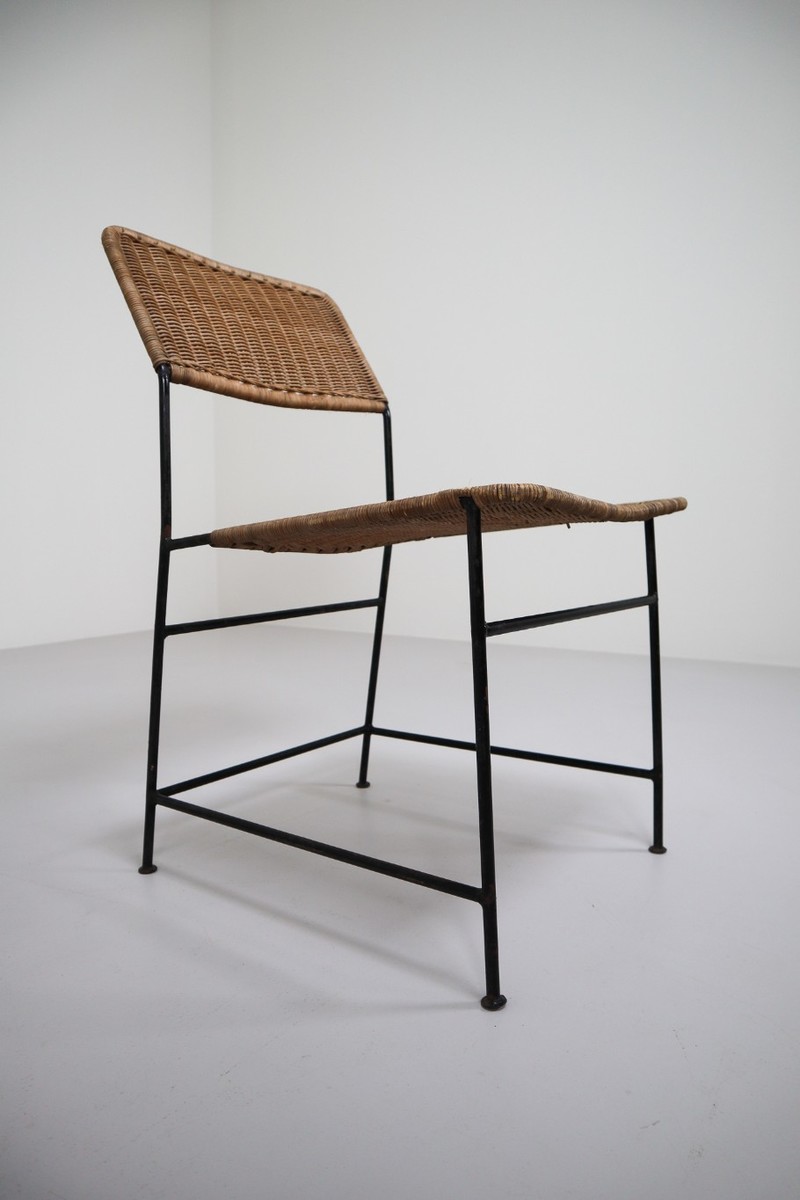Two Patinated Metal Framed Martin Visser Chairs with Woven Wicker Seat, 1950s