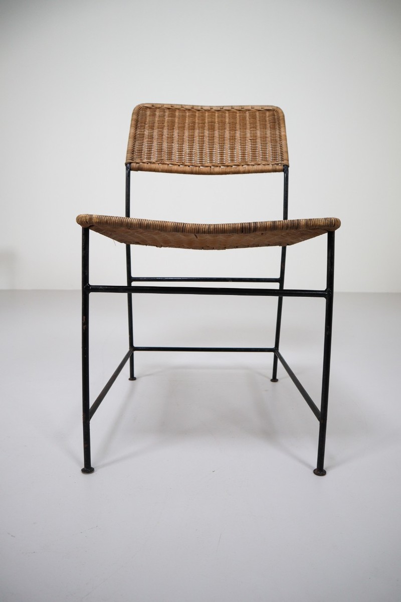 Two Patinated Metal Framed Martin Visser Chairs with Woven Wicker Seat, 1950s