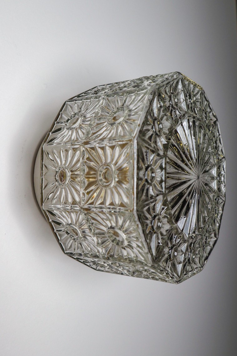 Vintage Art glass Vintage Wall/ceiling Lights with Clear Structured Glass and Metal, France 1970s Late-20th century