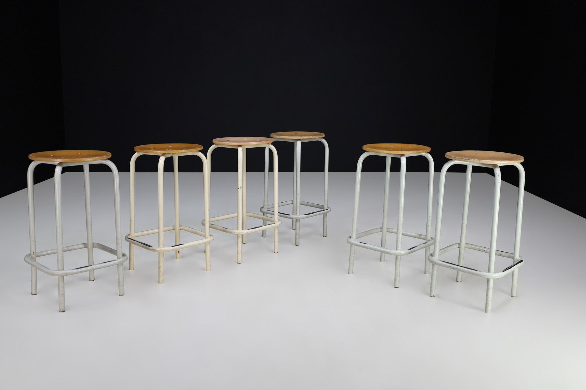 Vintage Lacquered metal and ply wood stools. The Netherlands 1980s Late-20th century