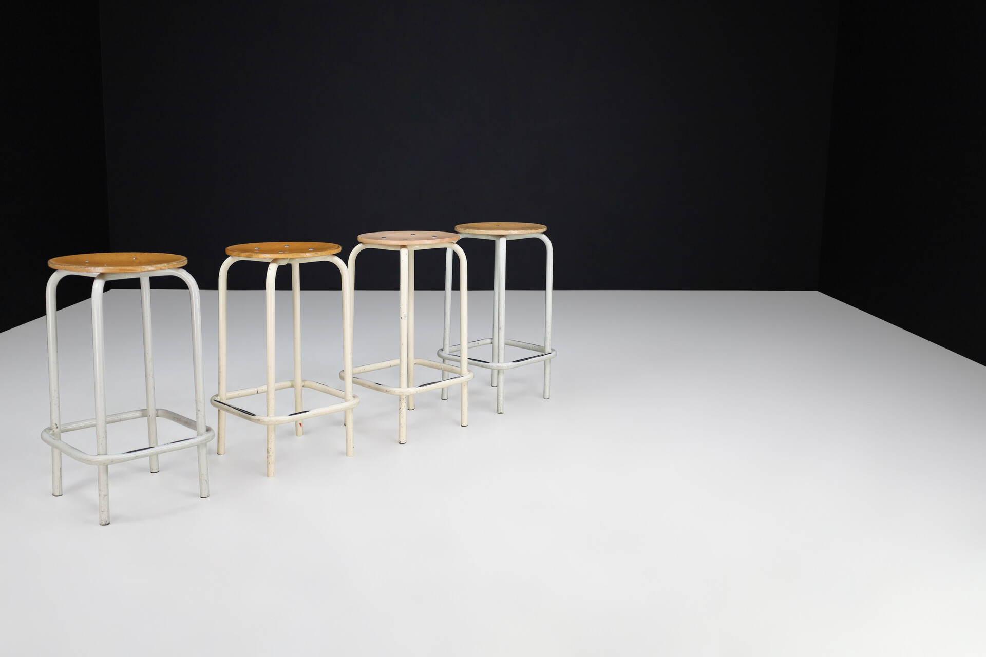 Vintage Lacquered metal and ply wood stools. The Netherlands 1980s Late-20th century