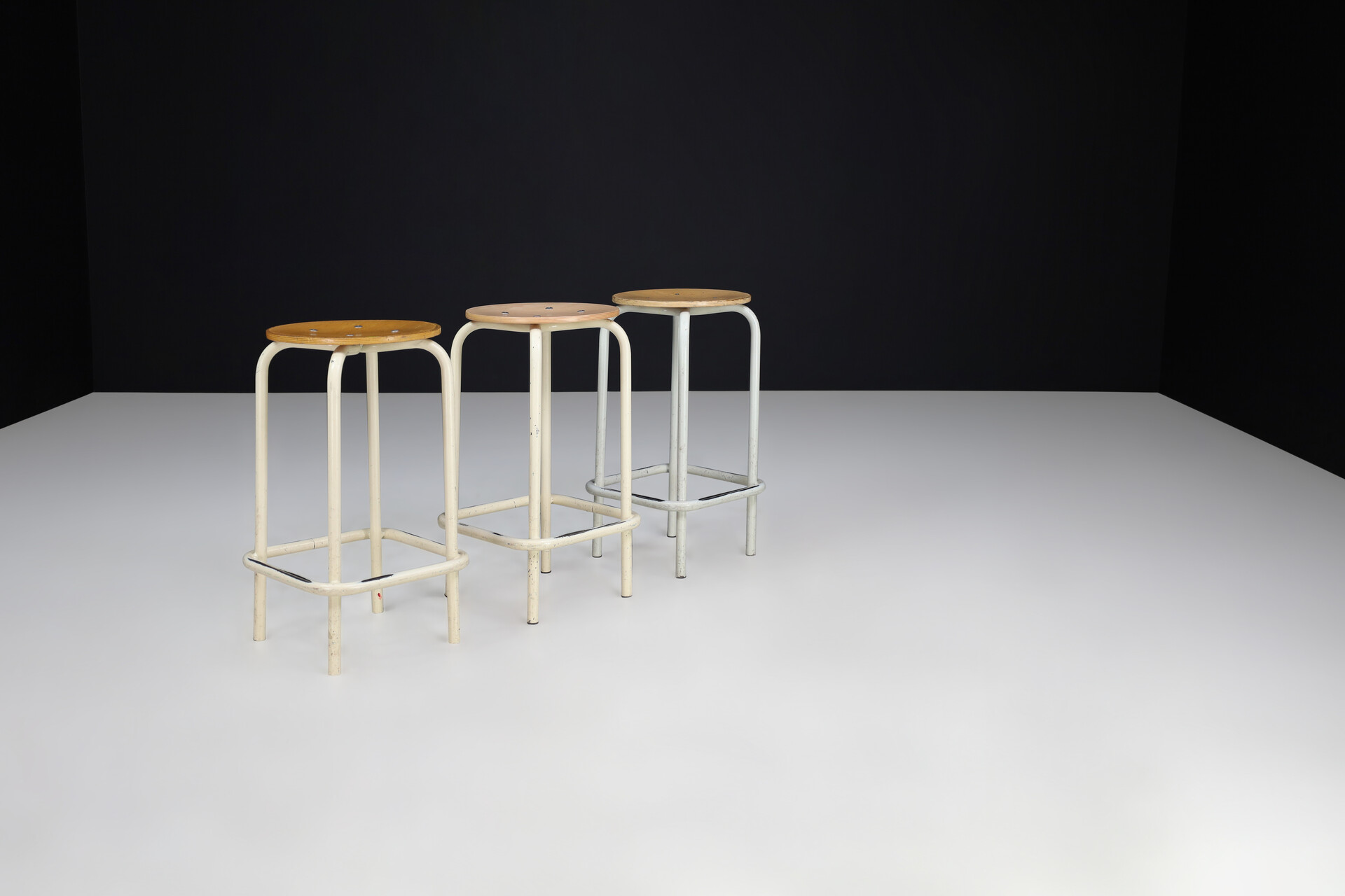Vintage Lacquered metal and ply wood stools. The Netherlands 1980s Late-20th century