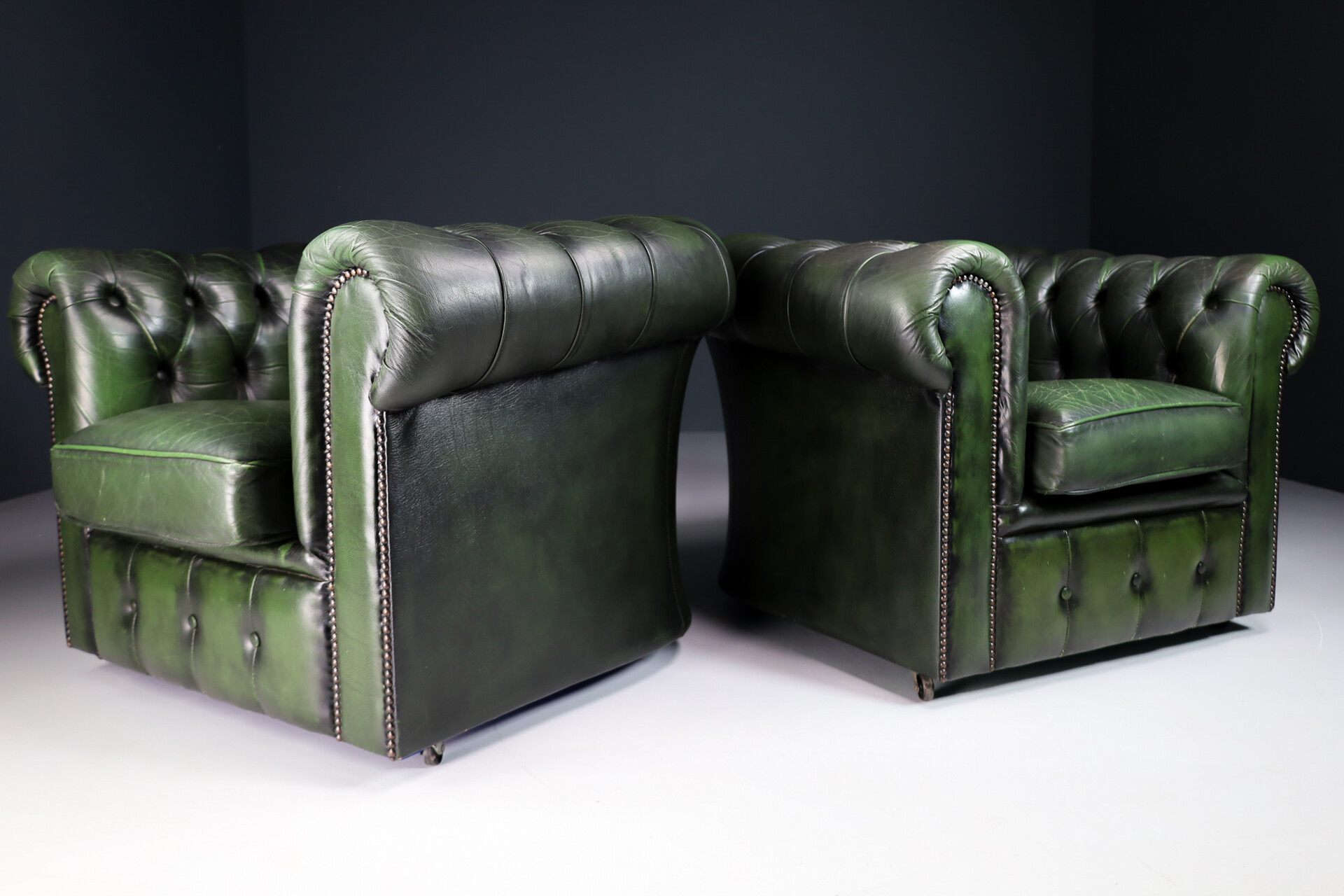 Vintage patinated green leather Chesterfield armchairs  sofa England Late-20th century