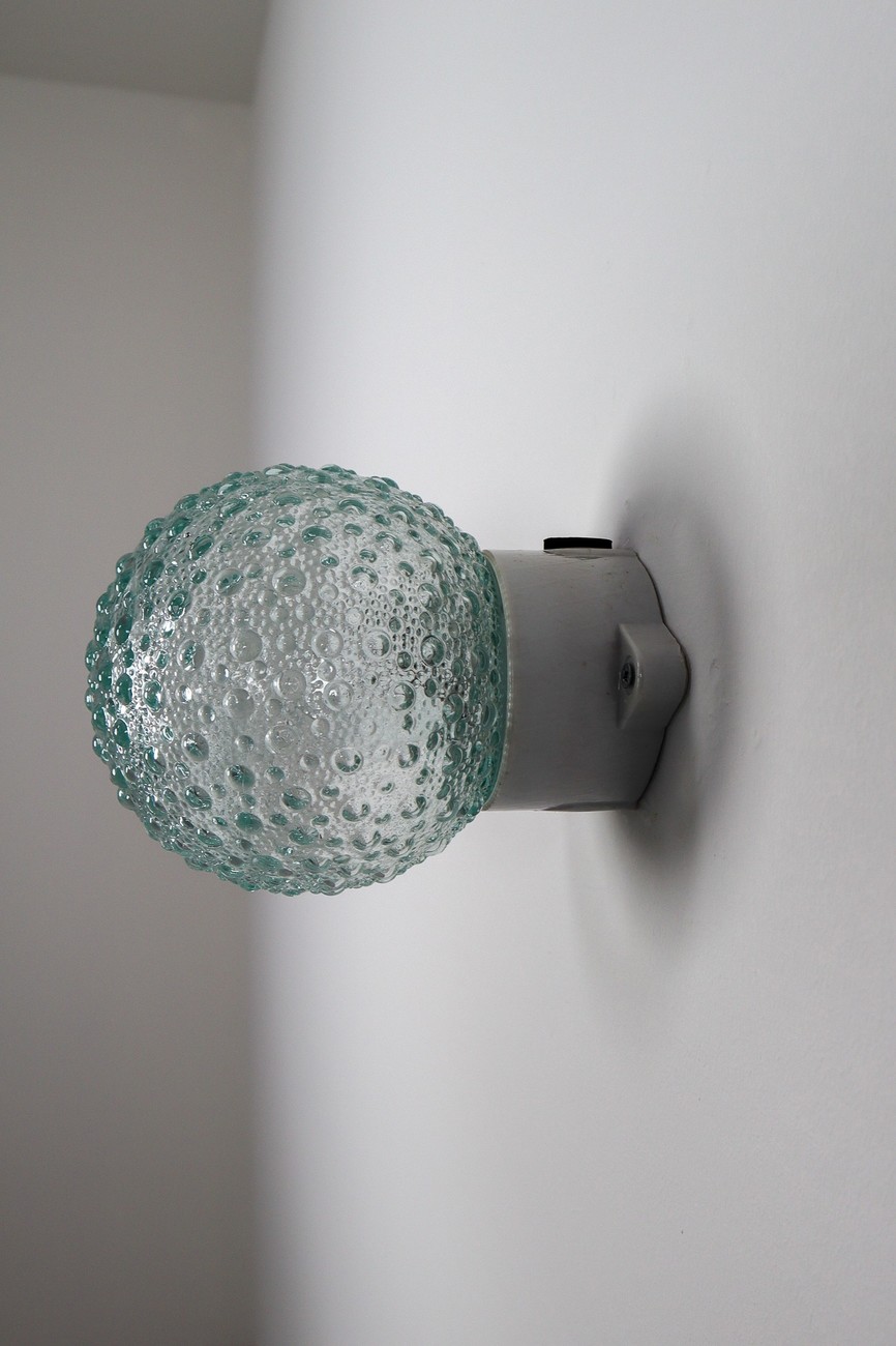  Vintage Wall/ceiling Lights with Clear Bubble Glass and Porcelain Base Mid-20th century