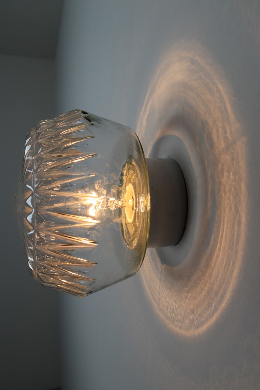  Vintage Wall/ceiling Lights with Clear Structured Glass Porcelain Base Mid-20th century